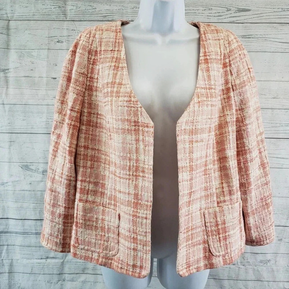 Talbots Womens Open Front Tweed Blazer Sz 14 petite Pink Orange Cotton Blend - Picture 1 of 2